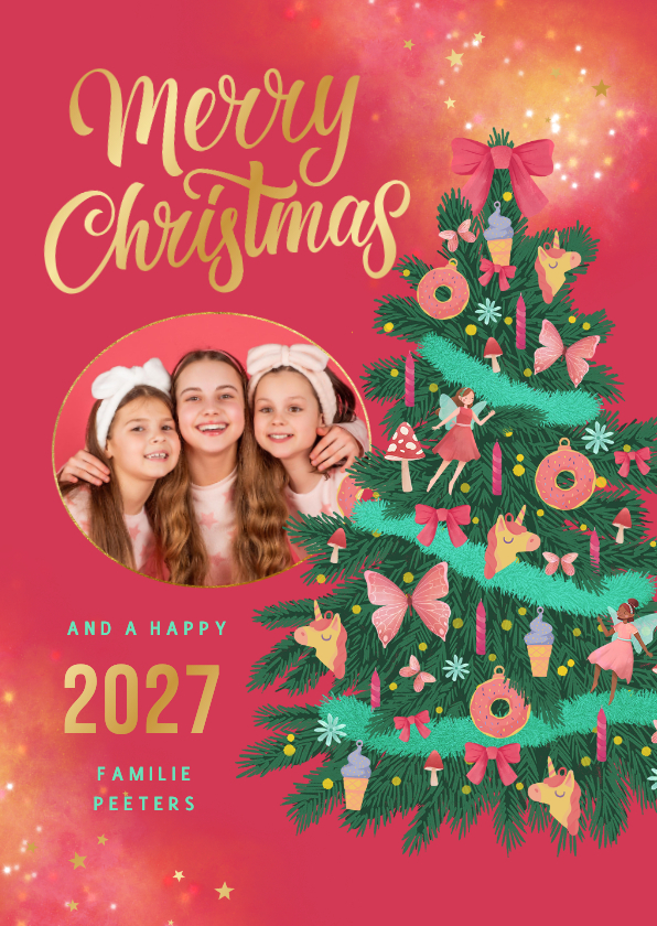 Kerstkaarten - Kerstkaart magisch sprookje elfjes unicorns zoet kerstboom