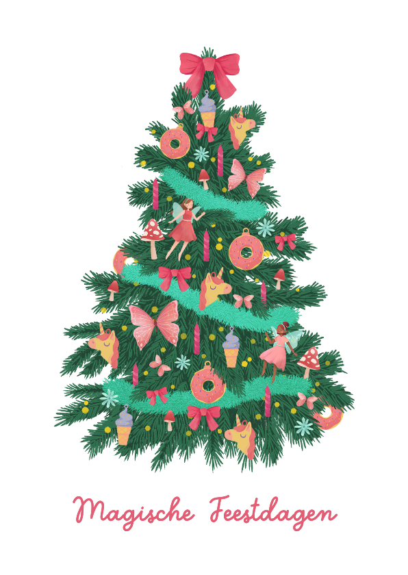 Kerstkaart magische kerst unicorn elfjes kerstboom donuts - Kerstkaarten Kerstkaarten - Kerstkaart magische kerst unicorn elfjes kerstboom donuts