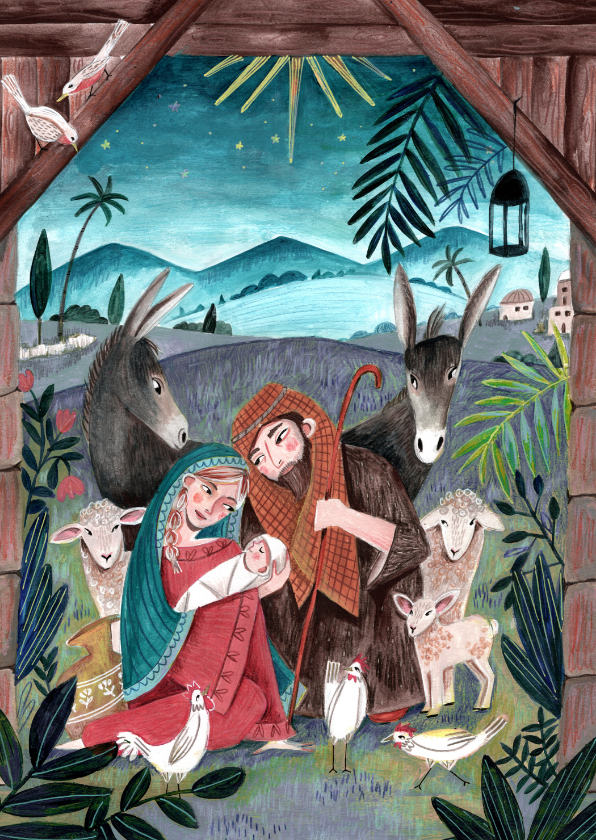 Kerstkaarten - Kerstkaart Maria en Jozef bij het stalletje