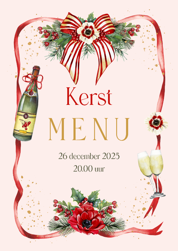Kerstkaart menu met strik en kersttakken - Kerstkaarten Kerstkaarten - Kerstkaart menu met strik en kersttakken