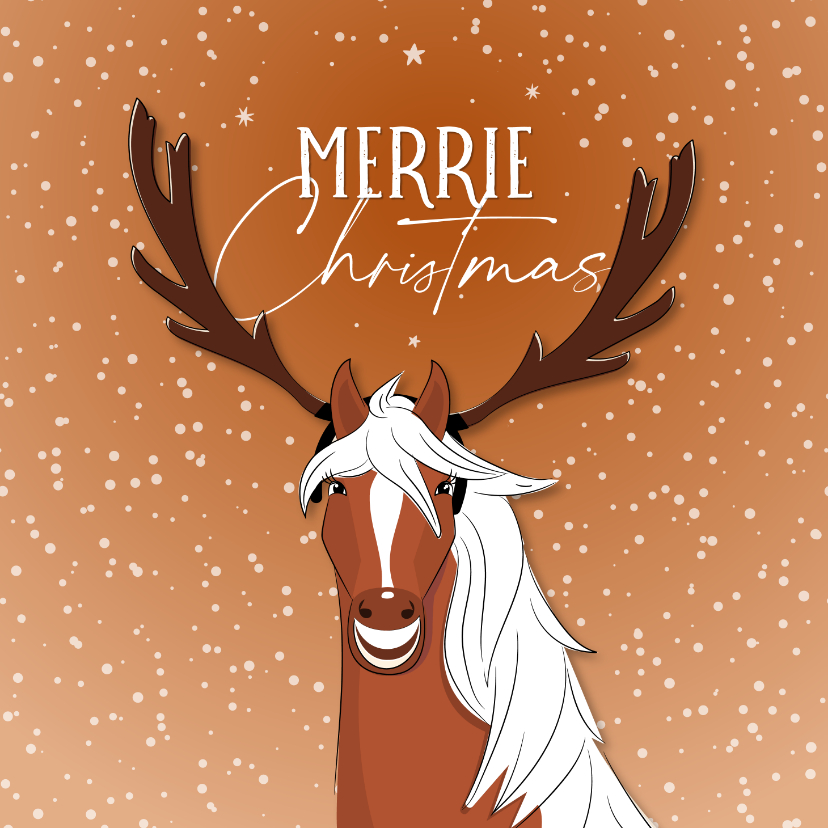 Kerstkaart Merrie Christmas illustratie paard met gewei - Kerstkaarten Kerstkaarten - Kerstkaart Merrie Christmas illustratie paard met gewei