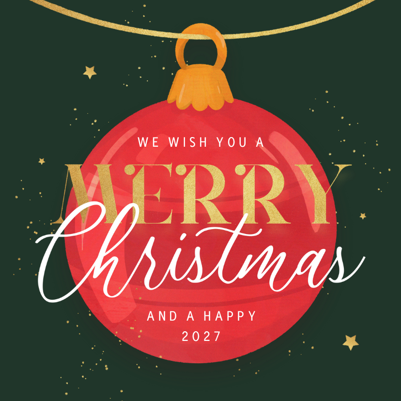Kerstkaart merry chirstmas kerstballen goud spetters sterren - Kerstkaarten Kerstkaarten - Kerstkaart merry chirstmas kerstballen goud spetters sterren