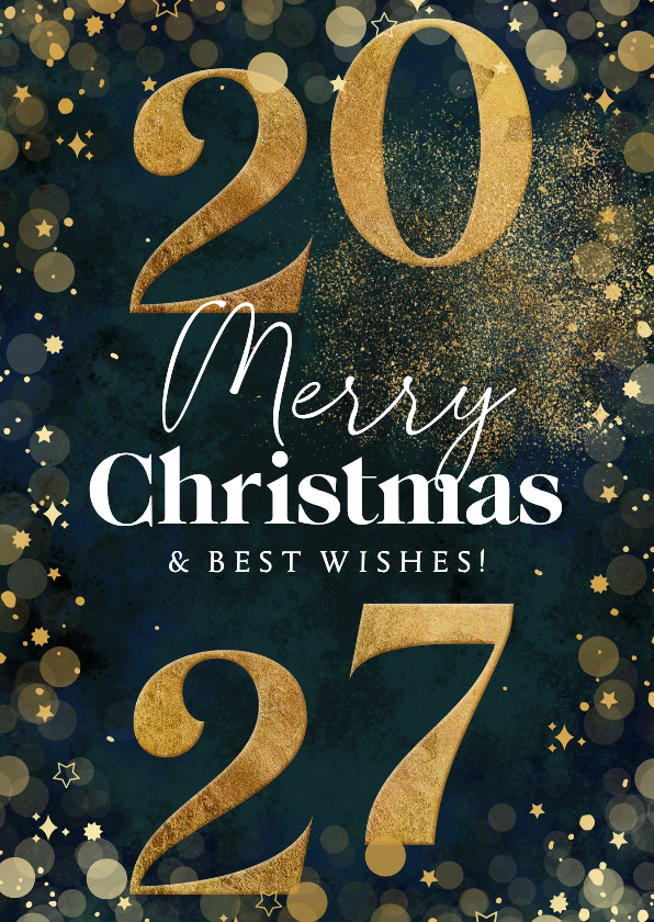 Kerstkaarten - Kerstkaart merry christmas jaartal goud sterren