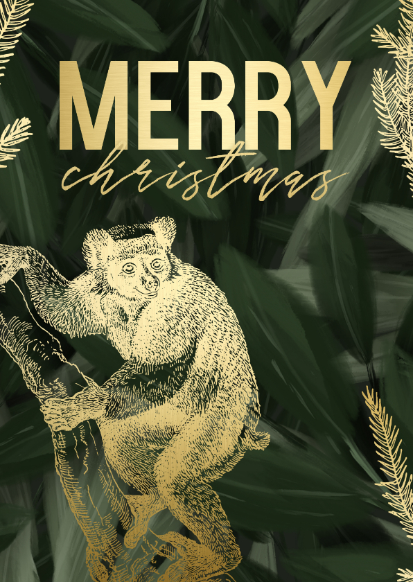 Kerstkaart merry christmas met gouden aapje - Kerstkaarten Kerstkaarten - Kerstkaart merry christmas met gouden aapje