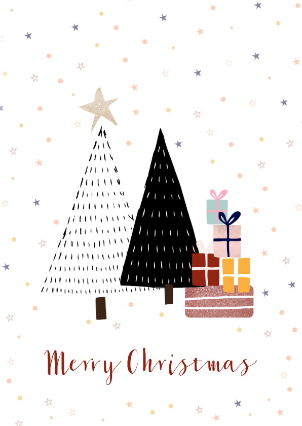 Kerstkaart Merry Christmas met kerstbomen en cadeautjes - Kerstkaarten Kerstkaarten - Kerstkaart Merry Christmas met kerstbomen en cadeautjes