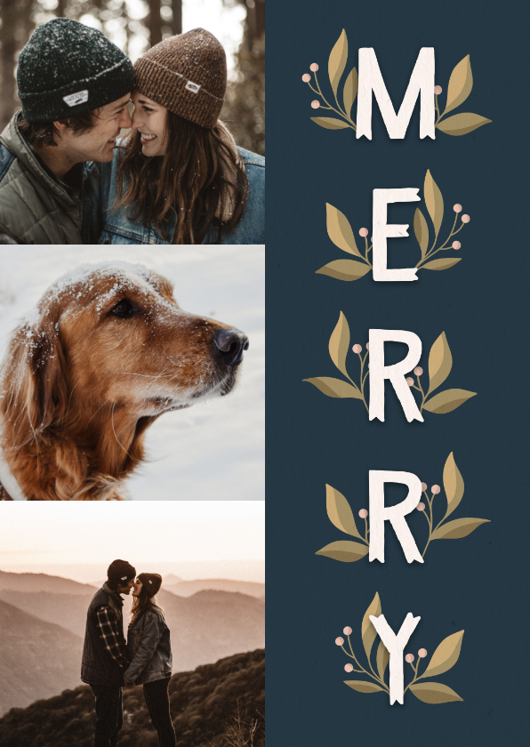 Kerstkaart 'Merry' met takjes en foto's - Kerstkaarten Kerstkaarten - Kerstkaart 'Merry' met takjes en foto's