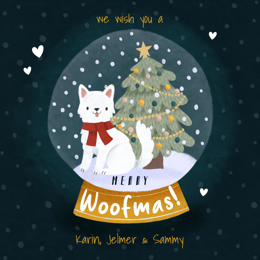Kerstkaarten - Kerstkaart Merry Woofmas met hondje, kerstboom en sneeuwbol