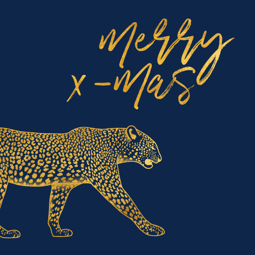 Kerstkaarten - Kerstkaart merry x-mas met gouden luipaard