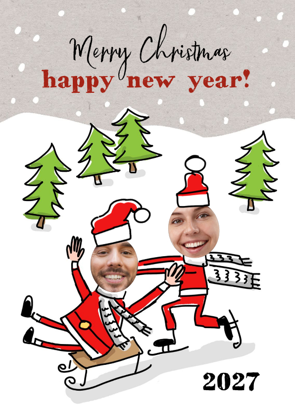 Kerstkaart met 2 kerstmannen met foto op slee - Kerstkaarten Kerstkaarten - Kerstkaart met 2 kerstmannen met foto op slee