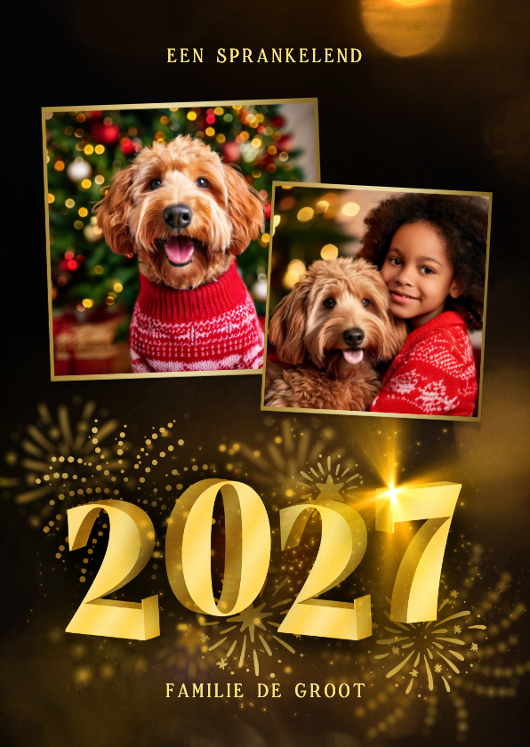 Kerstkaart met 2027 3D met 2 foto's en vuurwerk - Kerstkaarten Kerstkaarten - Kerstkaart met 2027 3D met 2 foto's en vuurwerk