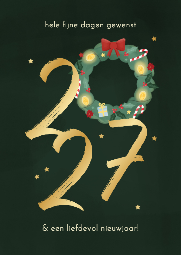 Kerstkaarten - Kerstkaart met 2027 en kerstkrans goud sterretjes