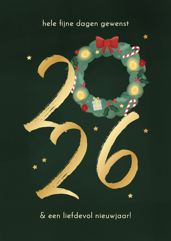Kerstkaarten - Kerstkaart met 2027 en kerstkrans goud sterretjes