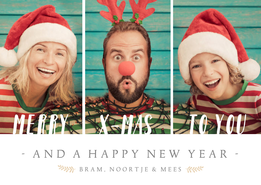 Kerstkaart met 3 eigen foto's en aanpasbare tekst - Kerstkaarten Kerstkaarten - Kerstkaart met 3 eigen foto's en aanpasbare tekst
