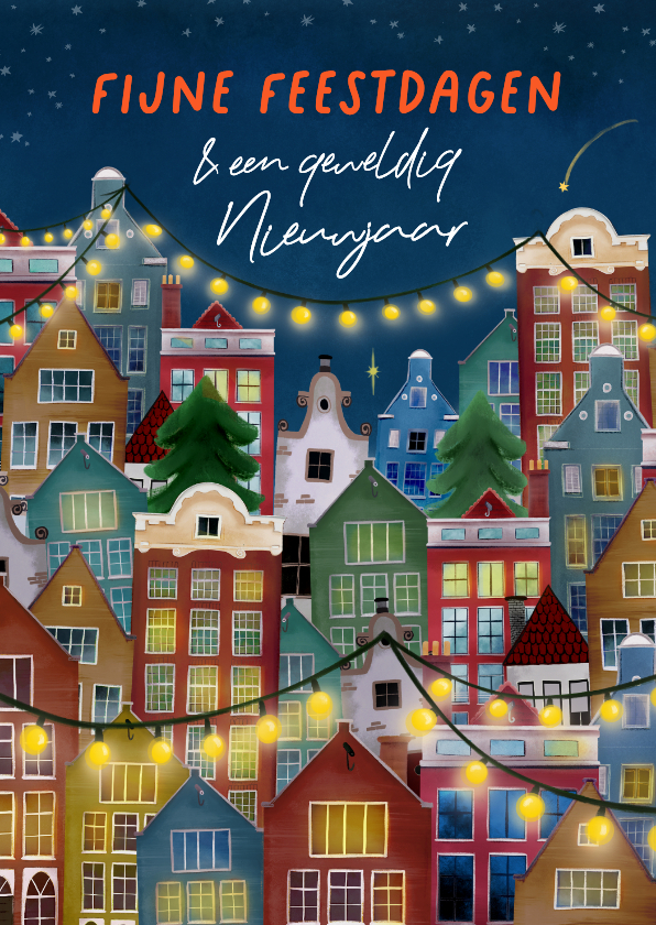 Kerstkaarten - Kerstkaart met Amsterdamse huisjes en kerstlichtjes