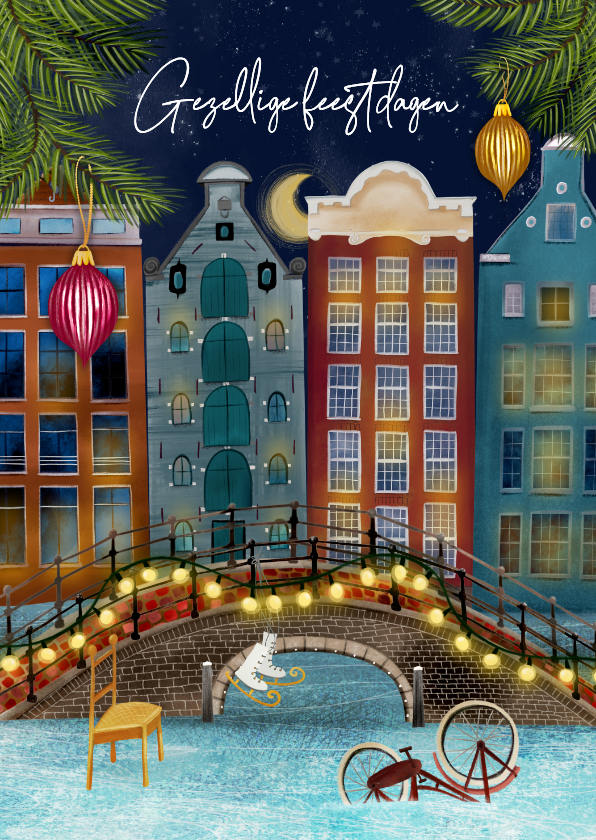 Kerstkaart met Amsterdamse pandjes en een brug - Kerstkaarten Kerstkaarten - Kerstkaart met Amsterdamse pandjes en een brug