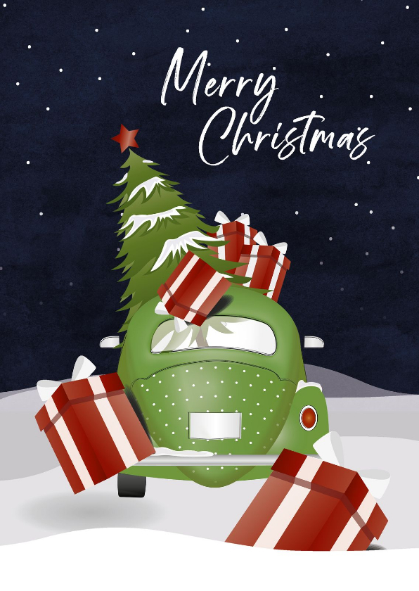Kerstkaart met auto vol cadeautjes en een kerstboom - Kerstkaarten Kerstkaarten - Kerstkaart met auto vol cadeautjes en een kerstboom