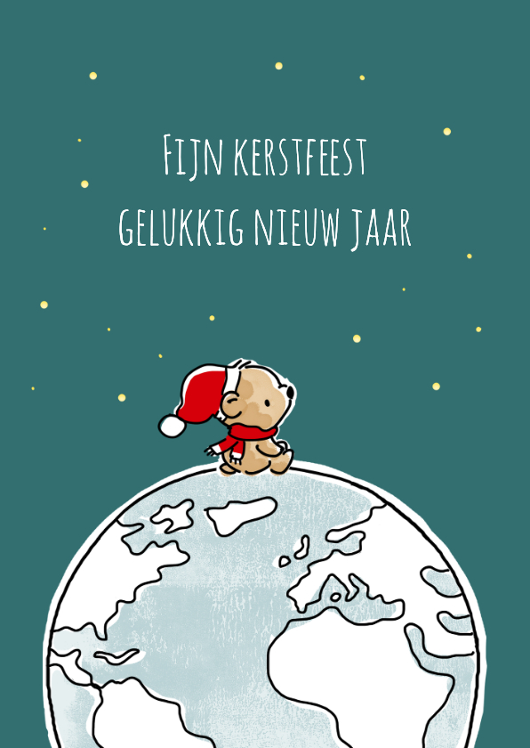 Kerstkaart met beertje met kerstmuts op wereldbol - Kerstkaarten Kerstkaarten - Kerstkaart met beertje met kerstmuts op wereldbol
