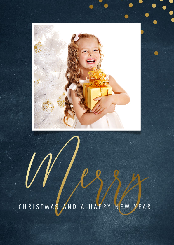 Kerstkaart met blauwe achtergrond en goudlook letters - Kerstkaarten Kerstkaarten - Kerstkaart met blauwe achtergrond en goudlook letters