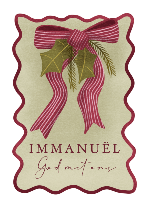 Kerstkaart met christelijke tekst en kerstgroen en strik - Kerstkaarten Kerstkaarten - Kerstkaart met christelijke tekst en kerstgroen en strik