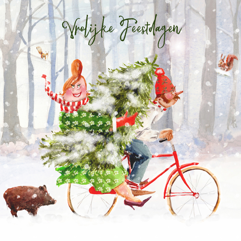 Kerstkaarten - Kerstkaart met de kerstboom op de fiets