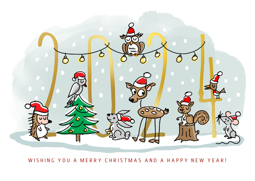 Kerstkaarten - Kerstkaart met dieren met kerstmuts en nieuw jaar
