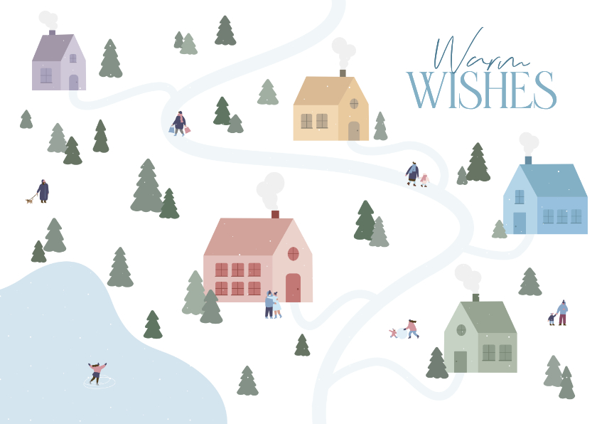 Kerstkaarten - Kerstkaart met dorpje met huisjes in de sneeuw