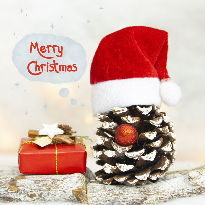 Kerstkaart met een dennenappel met een kerstmuts op - Kerstkaarten Kerstkaarten - Kerstkaart met een dennenappel met een kerstmuts op