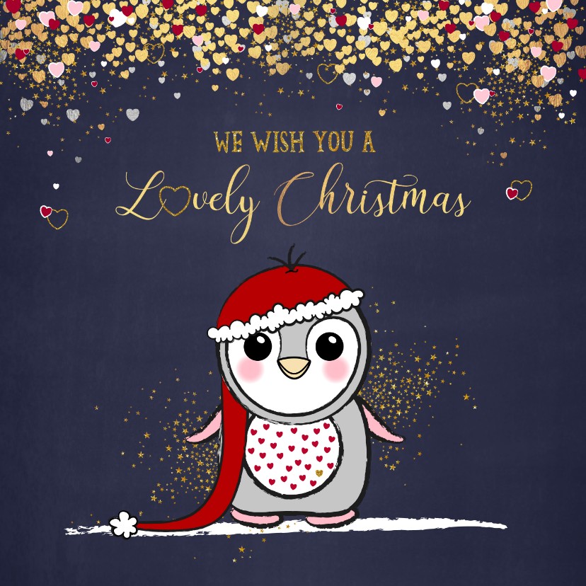 Kerstkaarten - Kerstkaart met een schattige pinguïn en vele hartjes goud