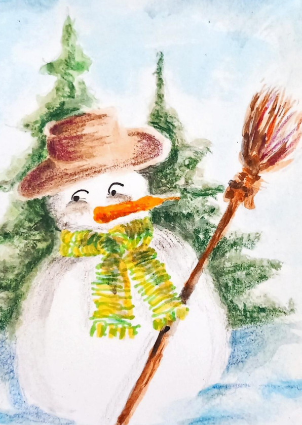 Kerstkaarten - Kerstkaart met een sneeuwpop met een bezem