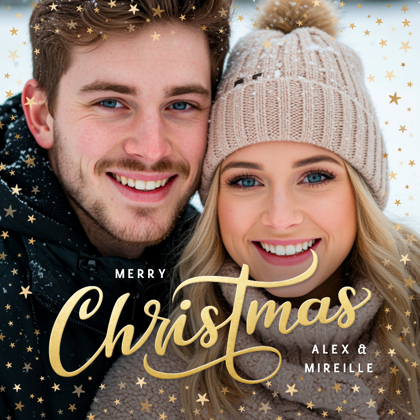 Kerstkaart met eigen foto en gouden sterretjes kader - Kerstkaarten Kerstkaarten - Kerstkaart met eigen foto en gouden sterretjes kader