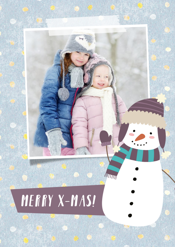 Kerstkaart met eigen foto, sneeuwpop illustratie en stippels - Kerstkaarten Kerstkaarten - Kerstkaart met eigen foto, sneeuwpop illustratie en stippels