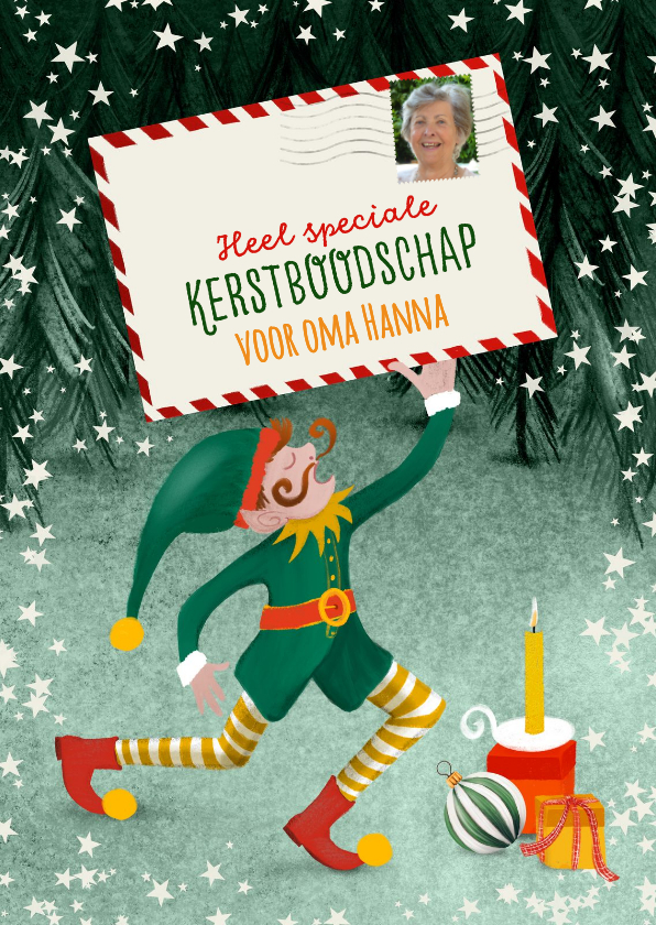 Kerstkaart met elfje, kaart en foto-postzegel - Kerstkaarten Kerstkaarten - Kerstkaart met elfje, kaart en foto-postzegel