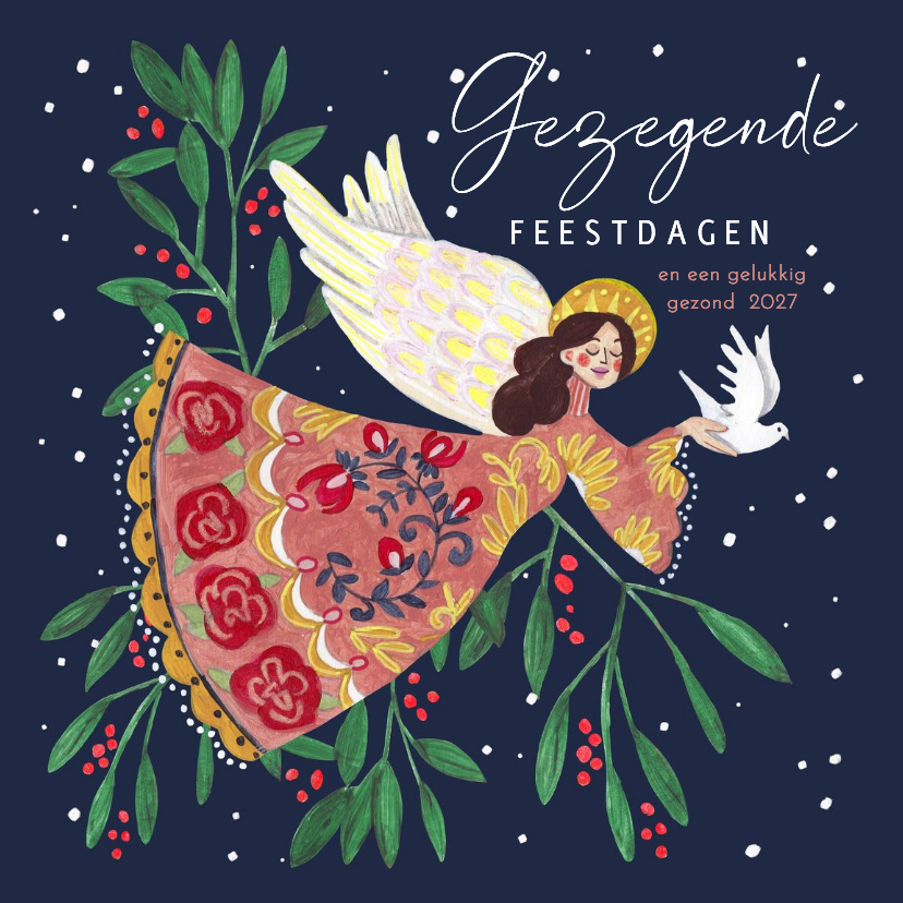 Kerstkaart met engeltje en kerstmis hulst - Kerstkaarten Kerstkaarten - Kerstkaart met engeltje en kerstmis hulst