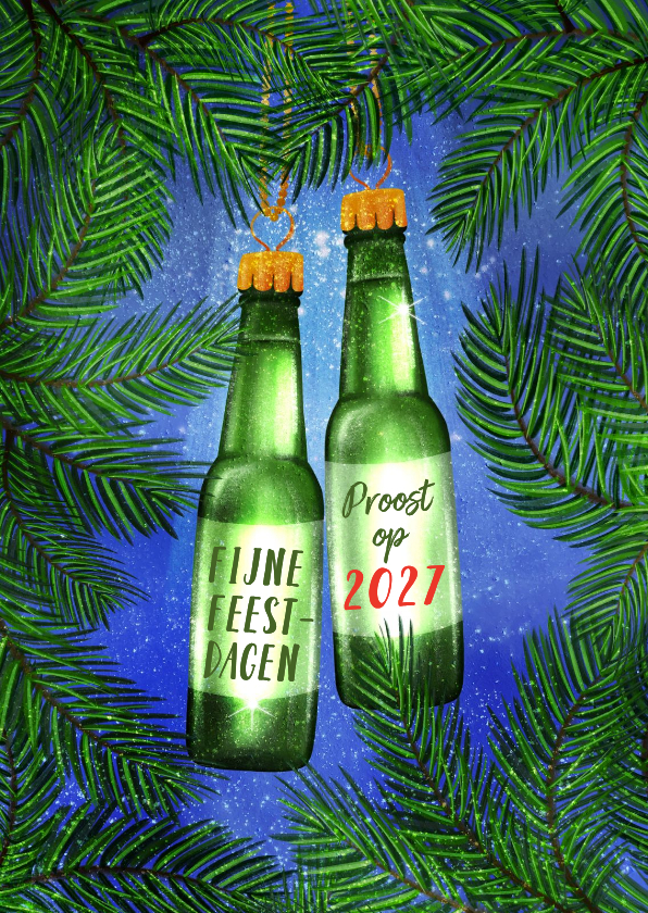 Kerstkaarten - Kerstkaart met flesjes bier aan kersttakjes