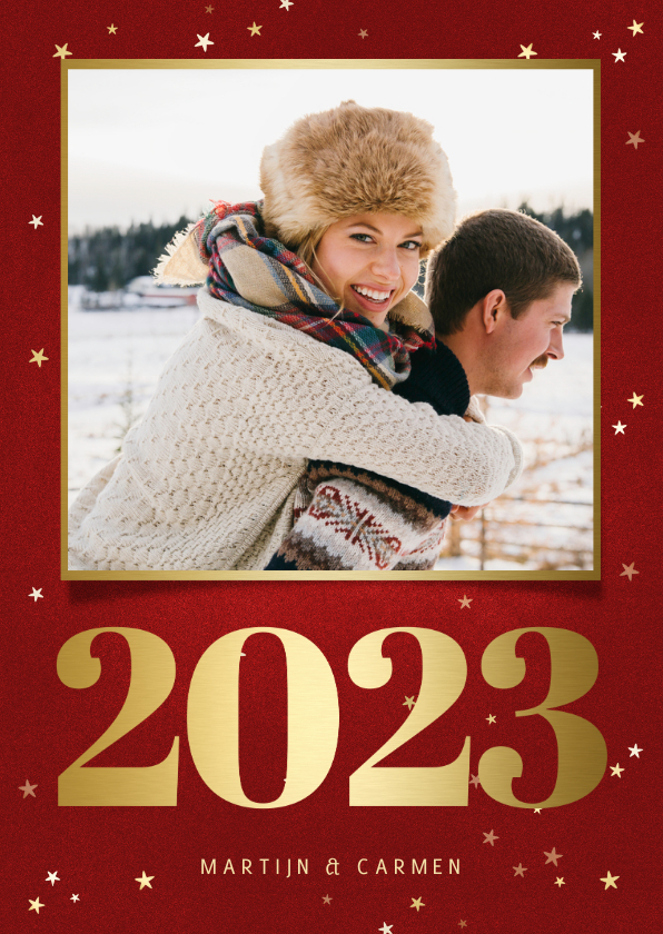 Kerstkaart met foto, gouden 2022 en sterren - Kerstkaarten Kerstkaarten - Kerstkaart met foto, gouden 2022 en sterren