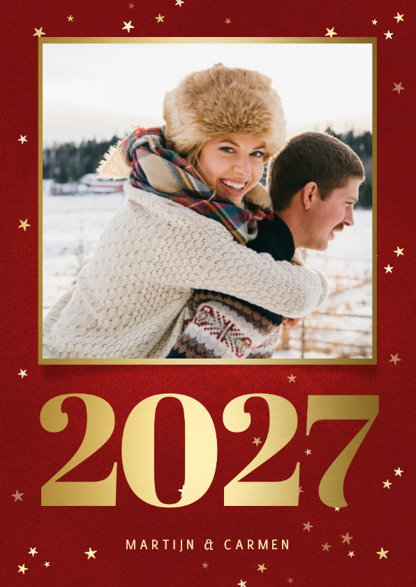 Kerstkaart met foto, gouden 2027 en sterren - Kerstkaarten Kerstkaarten - Kerstkaart met foto, gouden 2027 en sterren