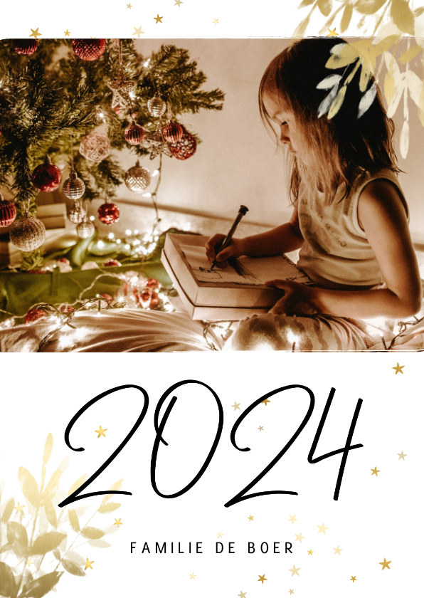Kerstkaarten - Kerstkaart met foto, gouden sterren en handgeschreven 2024