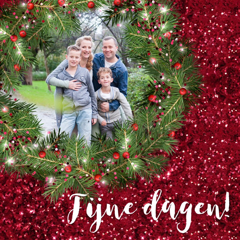 Kerstkaart met foto kerstkrans en rode glitter - Kerstkaarten Kerstkaarten - Kerstkaart met foto kerstkrans en rode glitter