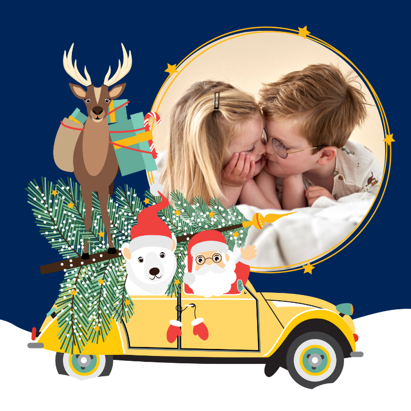 Kerstkaart met foto met de Kerstman in een versierde Eend - Kerstkaarten Kerstkaarten - Kerstkaart met foto met de Kerstman in een versierde Eend