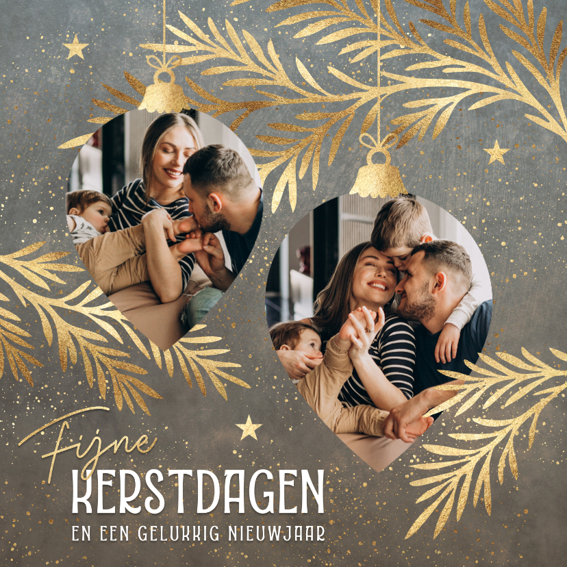 Kerstkaarten - Kerstkaart met foto's en kerstballen taupe goud