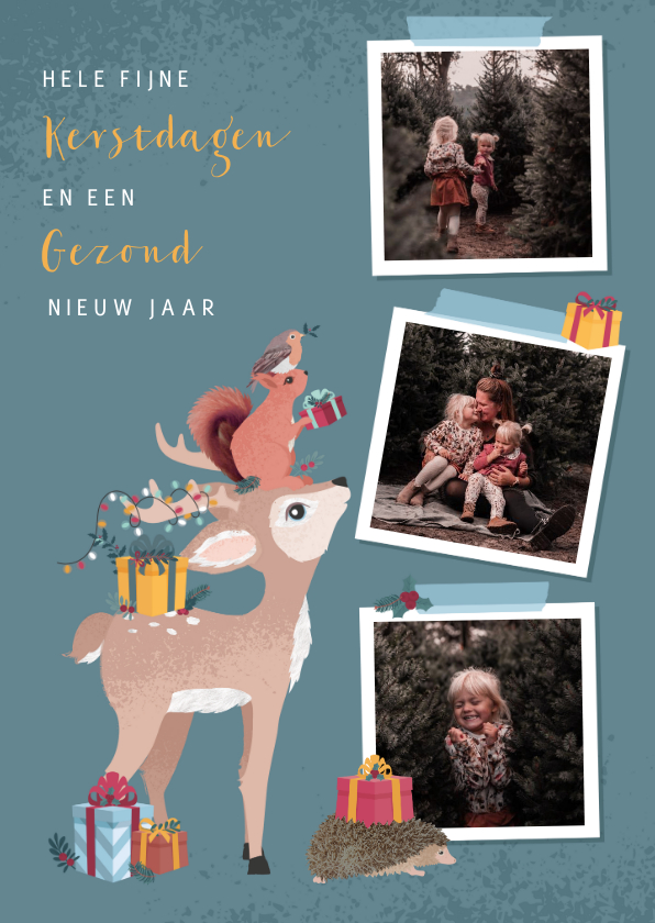 Kerstkaarten - Kerstkaart met fotocollage en illustratie van bosdieren
