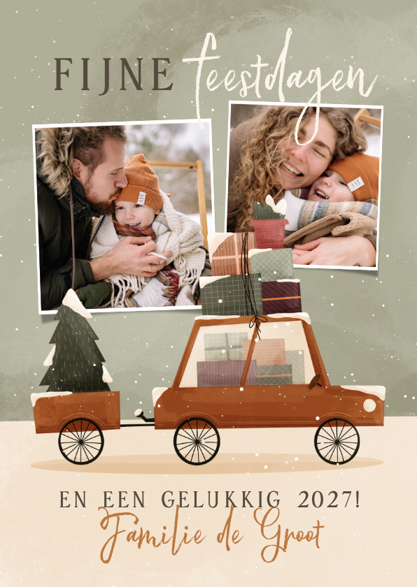 Kerstkaart met foto's en een auto met kerstboom - Kerstkaarten Kerstkaarten - Kerstkaart met foto's en een auto met kerstboom