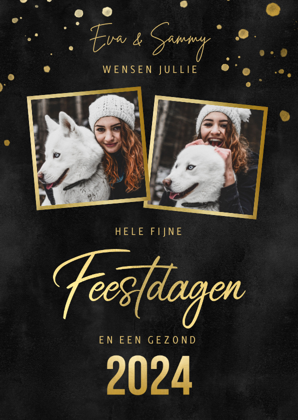 Kerstkaart met foto's, gouden spetters fijne feestdagen - Kerstkaarten Kerstkaarten - Kerstkaart met foto's, gouden spetters fijne feestdagen
