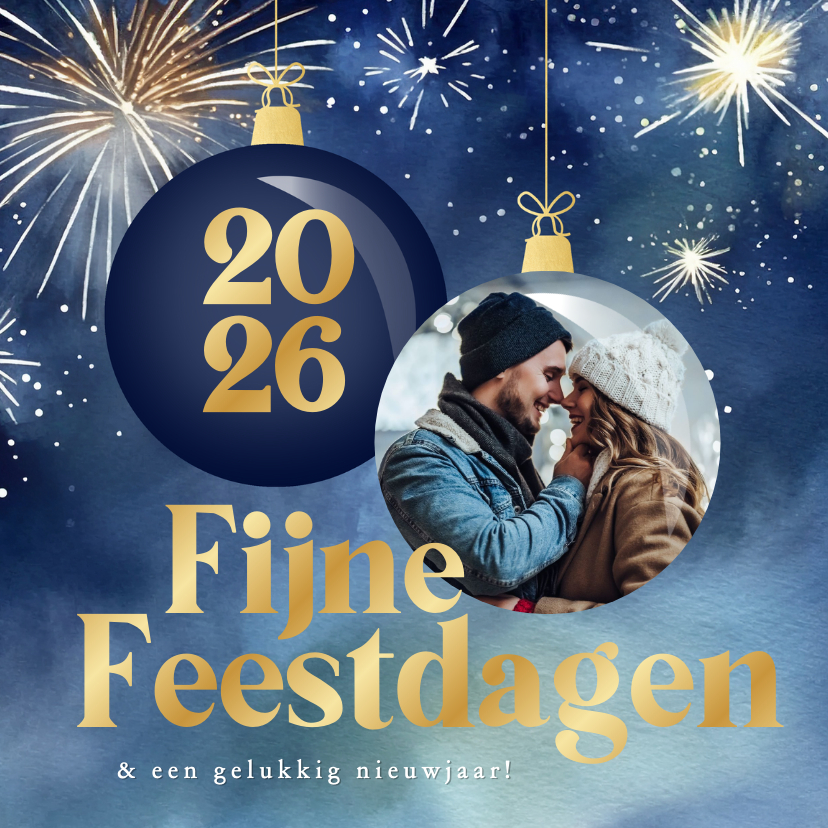 Kerstkaarten - Kerstkaart met geschilderd vuurwerk foto in kerstbal blauw