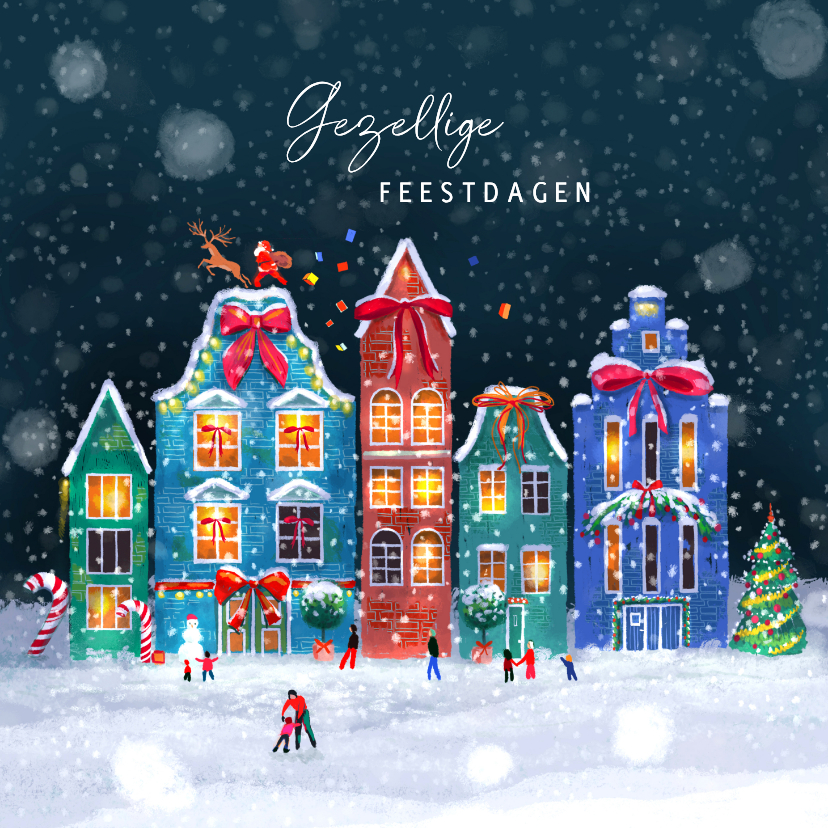 Kerstkaart met gezellig kerstdorpje - Kerstkaarten Kerstkaarten - Kerstkaart met gezellig kerstdorpje