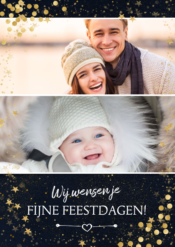 Kerstkaart met goud 2 foto's en confetti - Kerstkaarten Kerstkaarten - Kerstkaart met goud 2 foto's en confetti