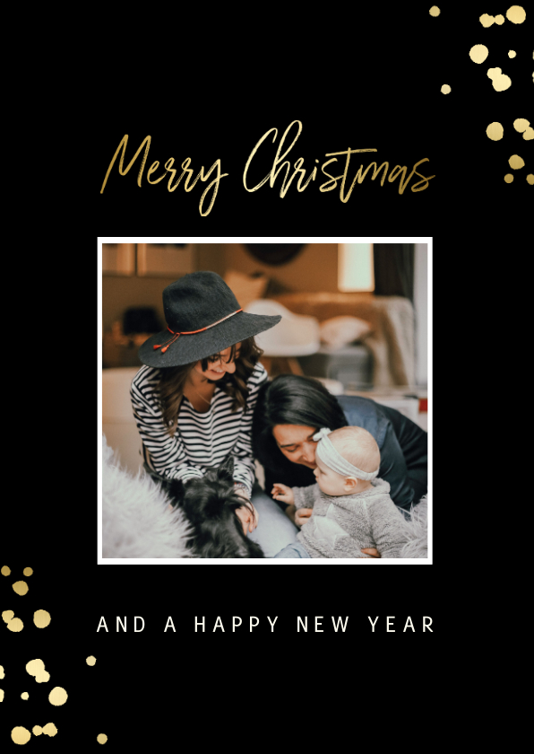 Kerstkaart met gouden confetti en foto - Kerstkaarten Kerstkaarten - Kerstkaart met gouden confetti en foto