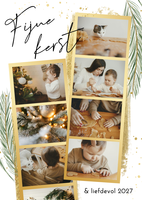 Kerstkaart met gouden fotostrips dennetakjes en spetters - Kerstkaarten Kerstkaarten - Kerstkaart met gouden fotostrips dennetakjes en spetters