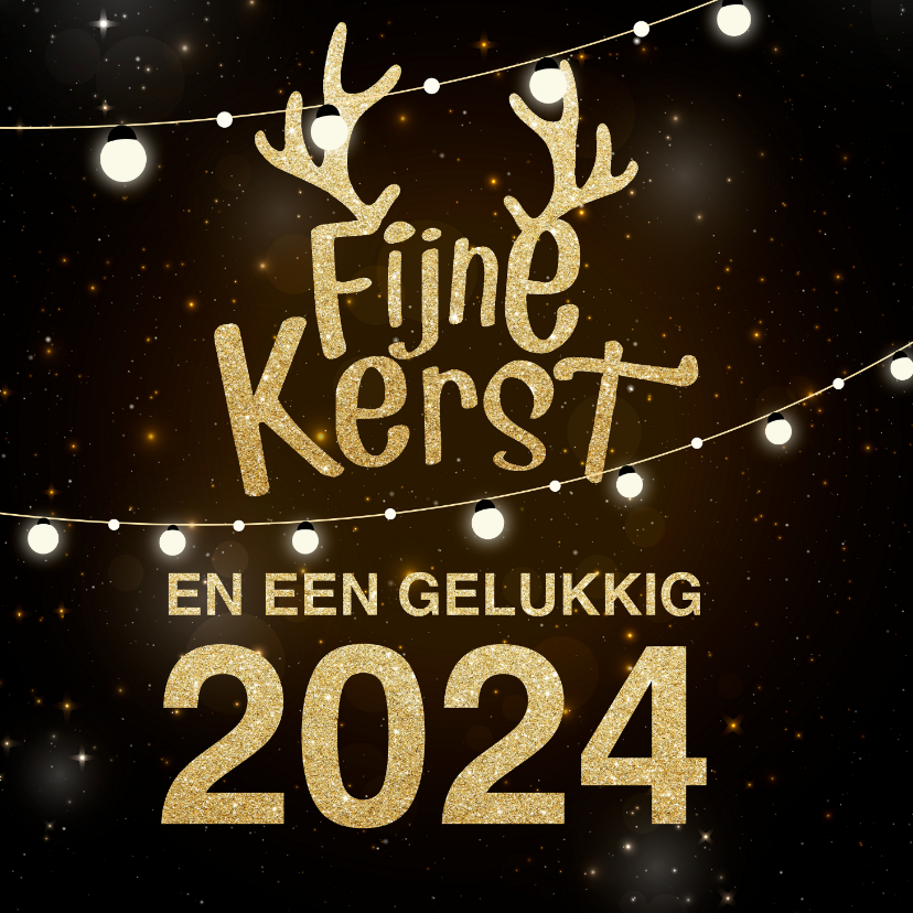 kerstkaart met gouden letters lampjes en hip gewei - Kerstkaarten Kerstkaarten - kerstkaart met gouden letters lampjes en hip gewei