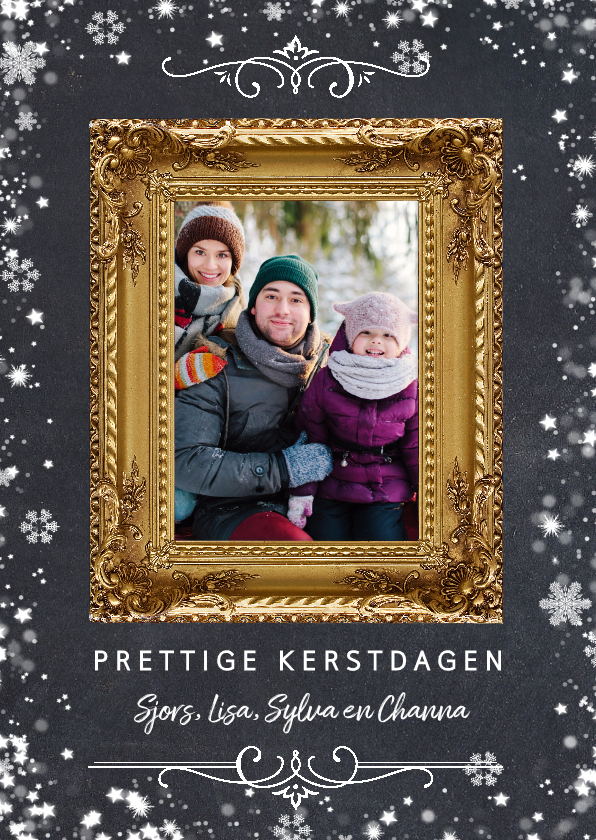 Kerstkaart met gouden sierlijke fotolijst en sneeuwkader - Kerstkaarten Kerstkaarten - Kerstkaart met gouden sierlijke fotolijst en sneeuwkader